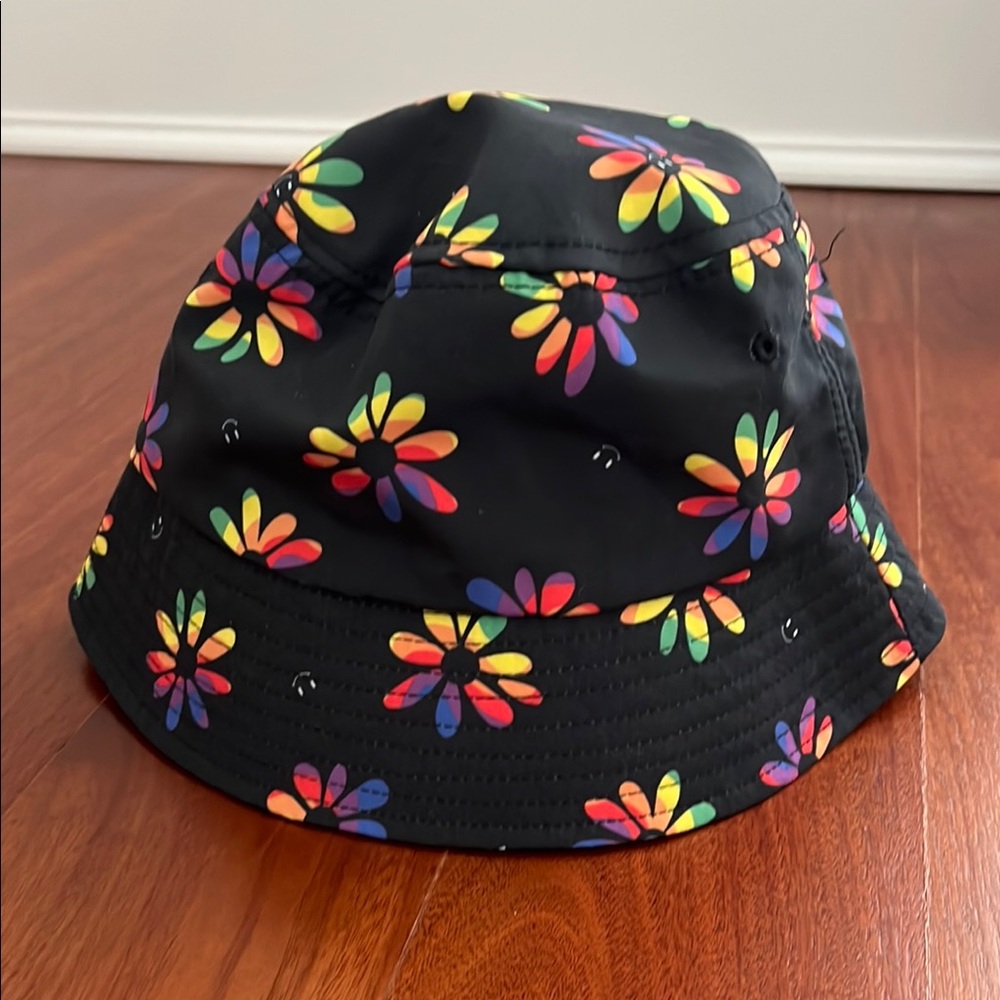 Claire's Black Bucket Hat with Rainbow Floral Design